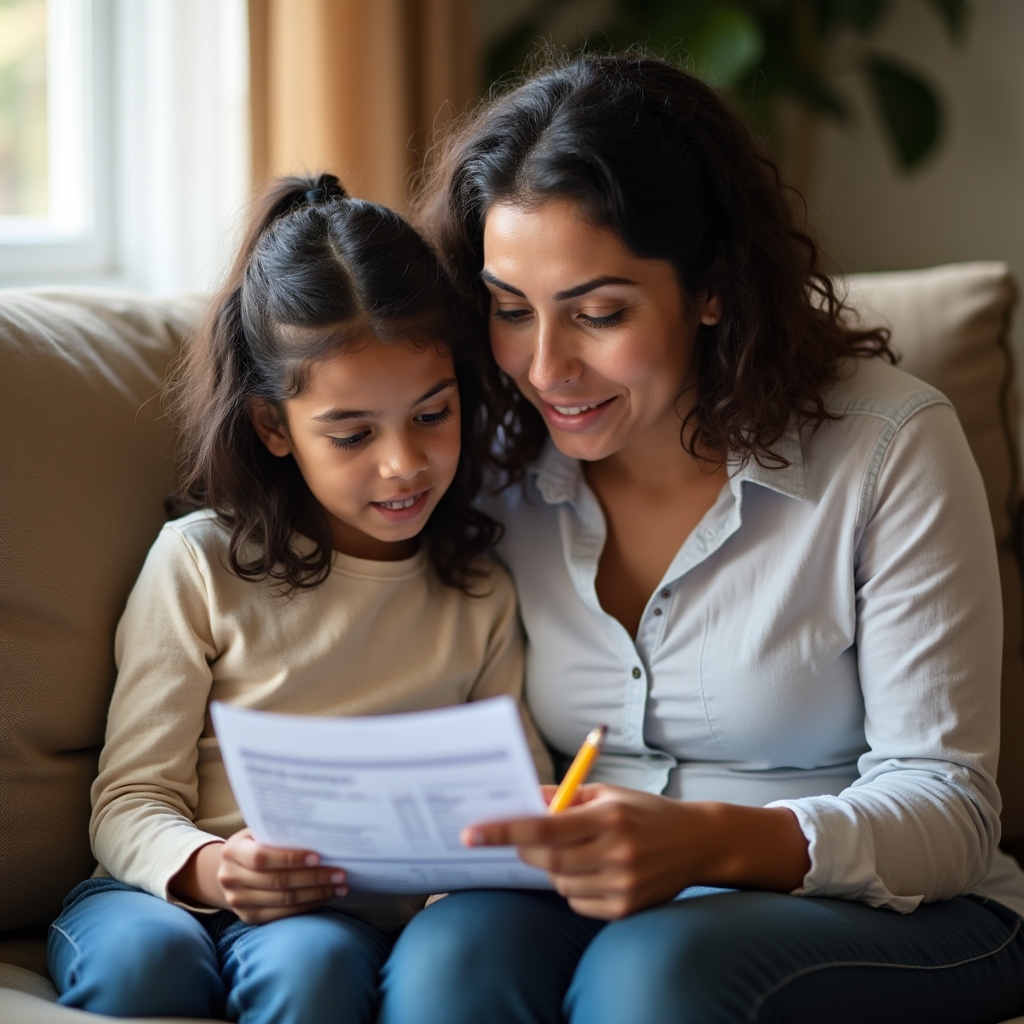 Madre e hija puertorriqueñas revisando documentos de presupuesto familiar en casa